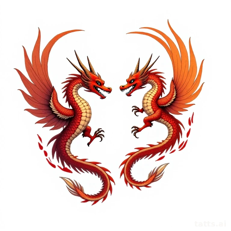 Tattoo design: Phoenix and dragon facing each other in balanced composition, Japanese-influence