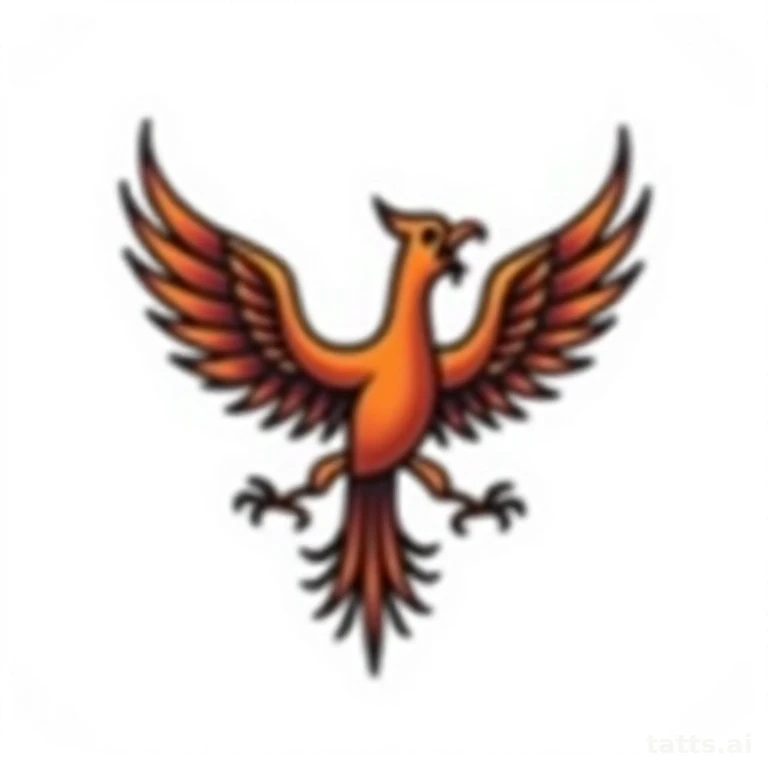 Tattoo design: Small phoenix emblem with folded wings, badge-style neo-traditional design, clea