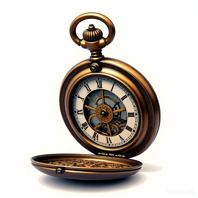 Tattoo design: realistic pocket watch tattoo design, open case showing gears, brass and glass s