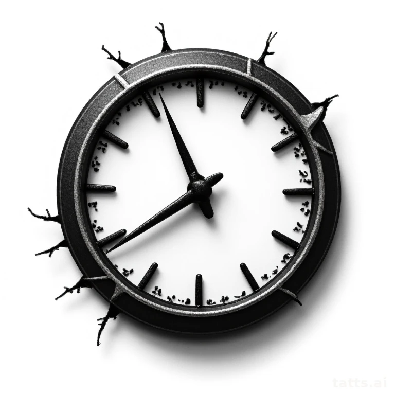 Tattoo design: realistic broken clock face tattoo design, cracked glass overlay, stopped hands,