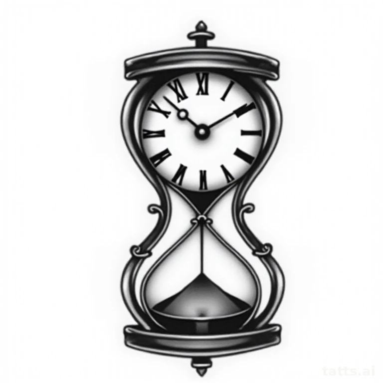Tattoo design: realistic clock and hourglass tattoo design, time passage theme, fine metal shad