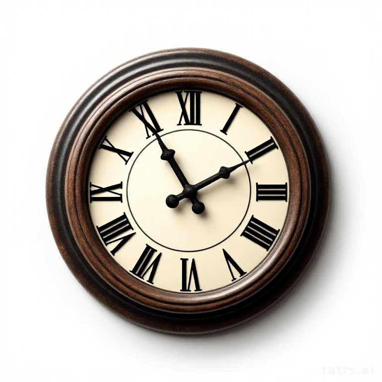 Tattoo design: realistic vintage wall clock tattoo design, wood grain frame, Roman numerals, is