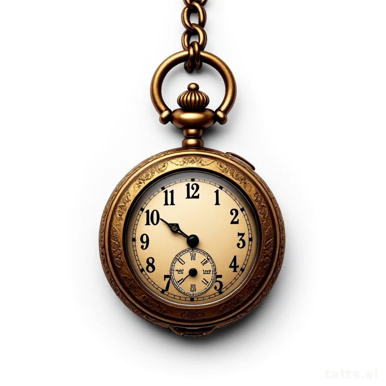 Tattoo design: realistic pocket watch with rose wrap tattoo design, chain detail, warm brass to