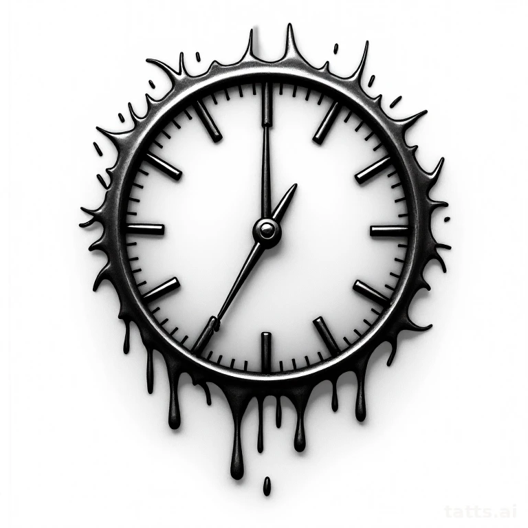 Tattoo design: realistic clock face with melting edges tattoo design, surreal dripping metal, i