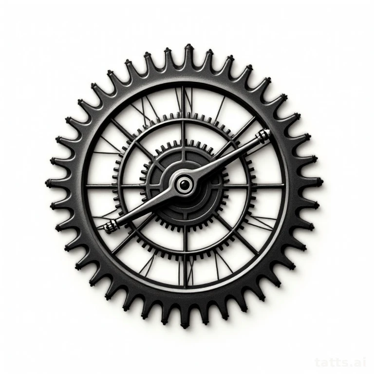Tattoo design: realistic clock gears mechanism tattoo design, exposed internal parts, fine engi