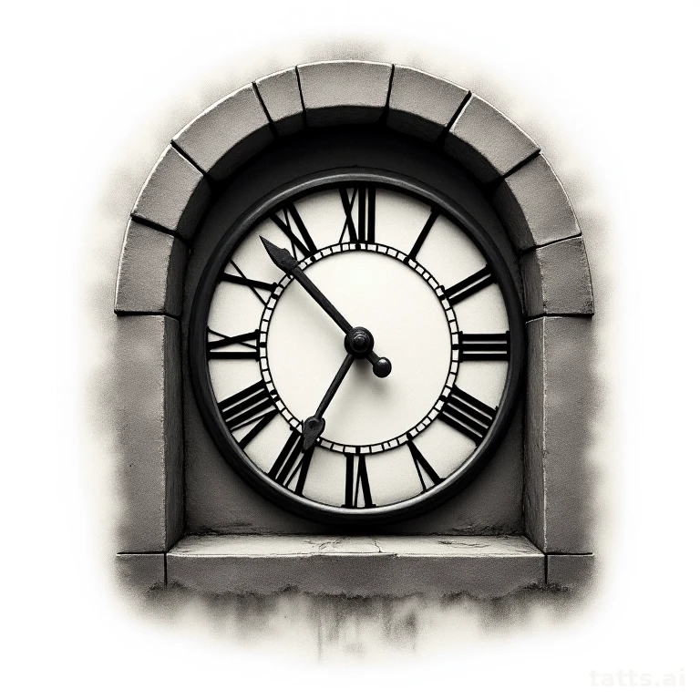 Tattoo design: realistic clock tower face tattoo design, weathered stone frame, dramatic depth