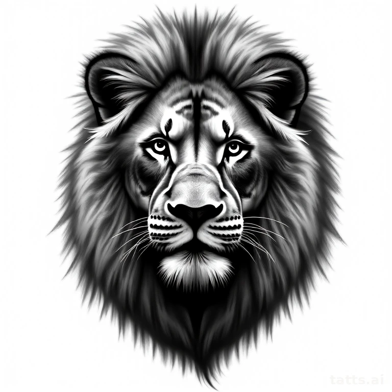 Tattoo design: realistic lion face front-on tattoo design, photo-realistic black and gray shadi