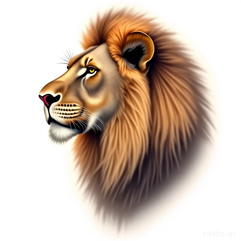 Tattoo design: realistic lion three-quarter profile tattoo design, warm sepia tones in mane, fi