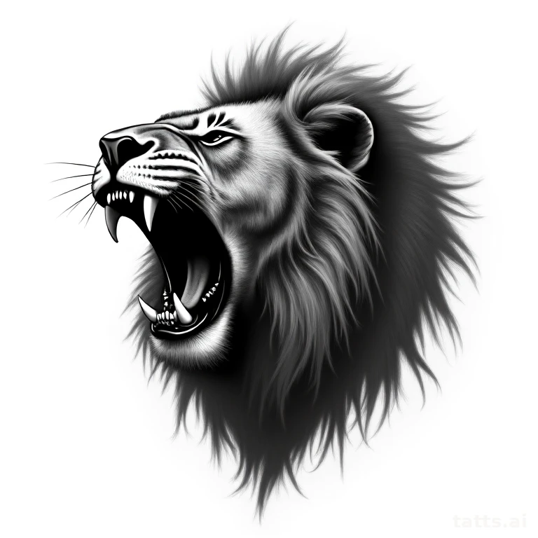 Tattoo design: realistic roaring lion head tattoo design, open mouth showing teeth, dramatic sh