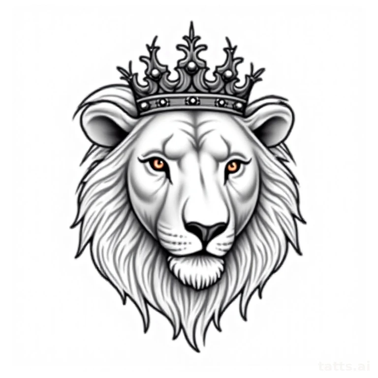 Tattoo design: realistic lion with crown tattoo design, regal composition, fine linework mane, 