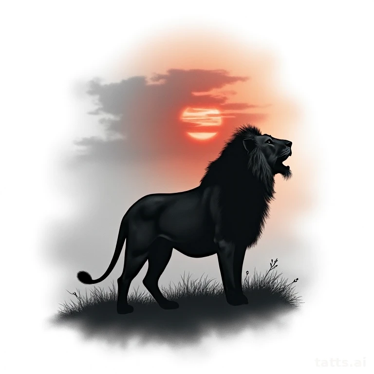 Tattoo design: realistic lion silhouette at sunset tattoo design, layered gray gradient sky, is