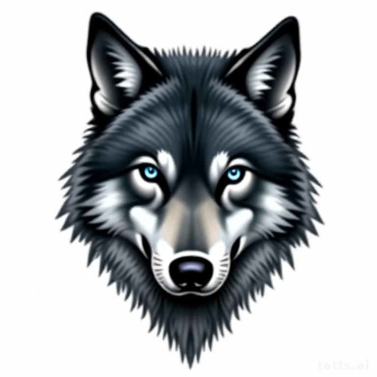 Tattoo design: realistic wolf face front-on tattoo design, icy blue eyes, detailed fur shading