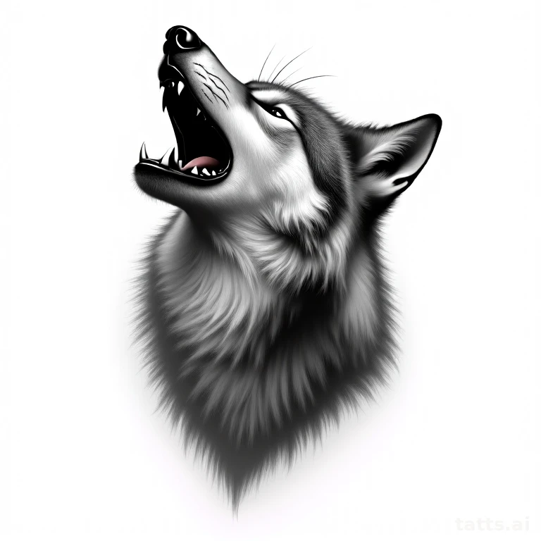 Tattoo design: realistic howling wolf tattoo design, dramatic head-tilt pose, fine fur texture,