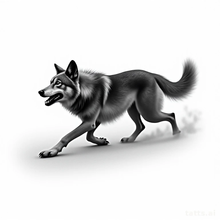 Tattoo design: realistic wolf mid-stride through snow tattoo design, dynamic action pose, cool