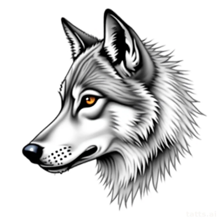 Tattoo design: realistic wolf profile portrait tattoo design, amber eyes, fine linework snout d