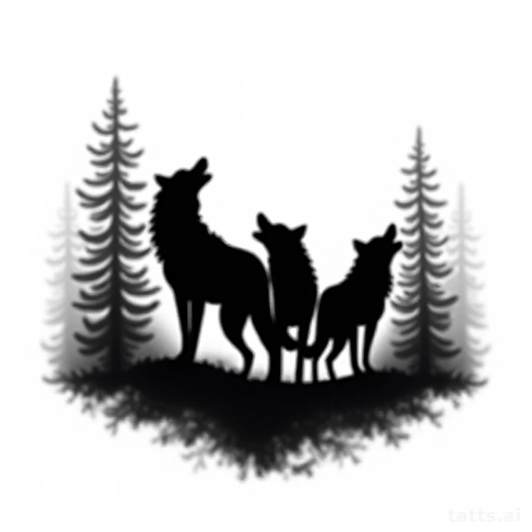 Tattoo design: realistic wolf pack silhouette tattoo design, three wolves in forest, layered sh