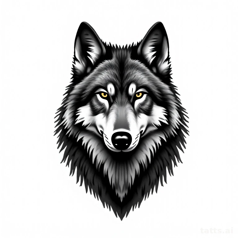 Tattoo design: realistic wolf and pine forest tattoo design, negative space background, sharp f