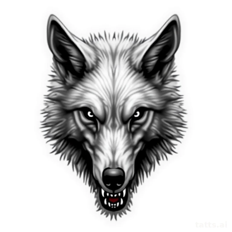 Tattoo design: realistic wolf skull hybrid tattoo design, half fur half bone, dramatic contrast