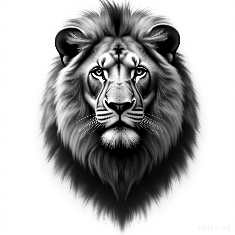 Tattoo design: photo-realistic lion portrait tattoo design, detailed fur texture shading, black