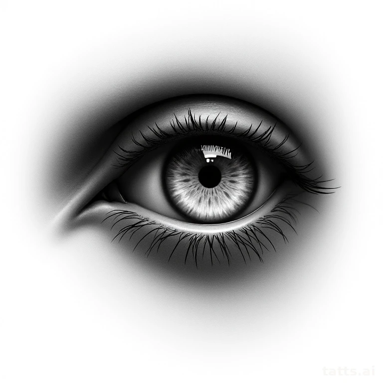 Tattoo design: photo-realistic wolf eye close-up tattoo design, soft gradient shading, black an