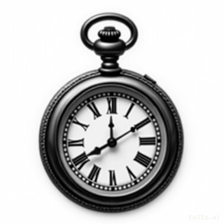 Tattoo design: photo-realistic pocket watch tattoo design, detailed metallic shading and reflec