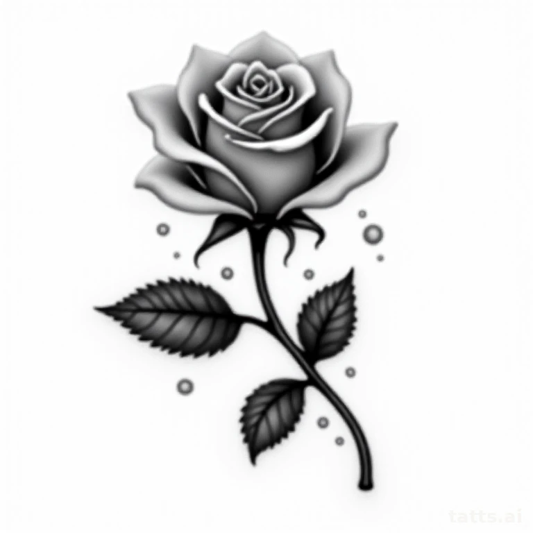 Tattoo design: photo-realistic rose with water droplets tattoo design, soft shading and highlig