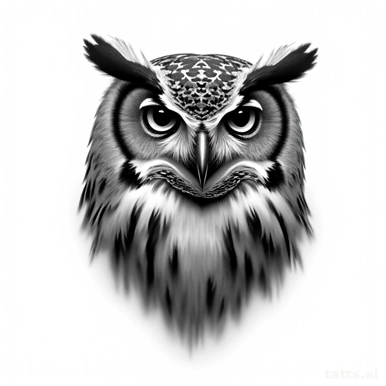 Tattoo design: photo-realistic owl portrait tattoo design, detailed feather texture, black and