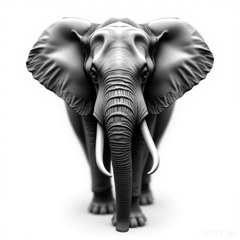 Tattoo design: photo-realistic elephant tattoo design, detailed skin texture shading, black and