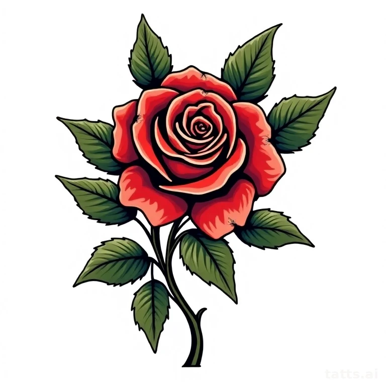 Tattoo design: traditional rose shoulder tattoo design, bold outline, red and green flat color,