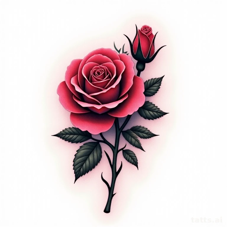 Tattoo design: neo-traditional rose shoulder tattoo design, gradient shading, rich color depth,