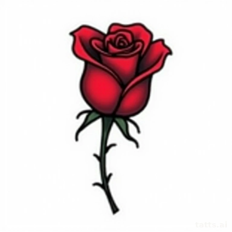 Tattoo design: Single American traditional red rose with thorned stem, bold black outline, clea
