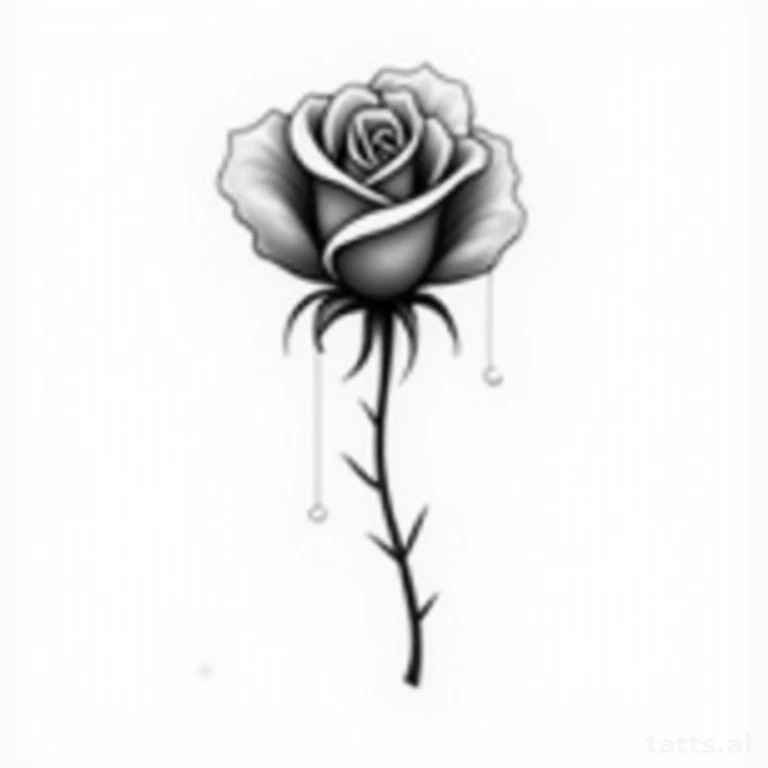 Tattoo design: Wilting black rose with falling petals, fine-line mourning tattoo design, clean 