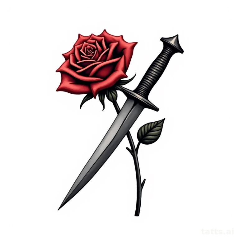 Tattoo design: Rose wrapped around a dagger, neo-traditional bold linework, clean red and grey 