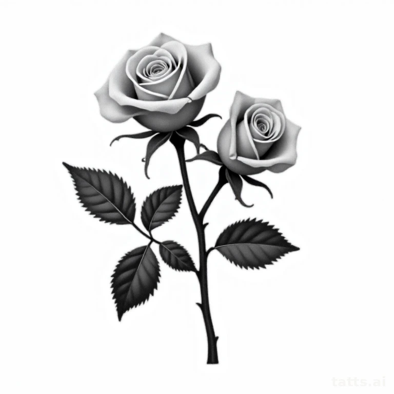 Tattoo design: Realistic rose bouquet with three blooms and leaves, black and grey photorealist