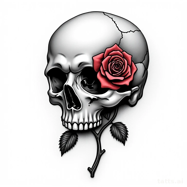 Tattoo design: Rose growing through a cracked skull eye socket, blackwork illustrative style, c