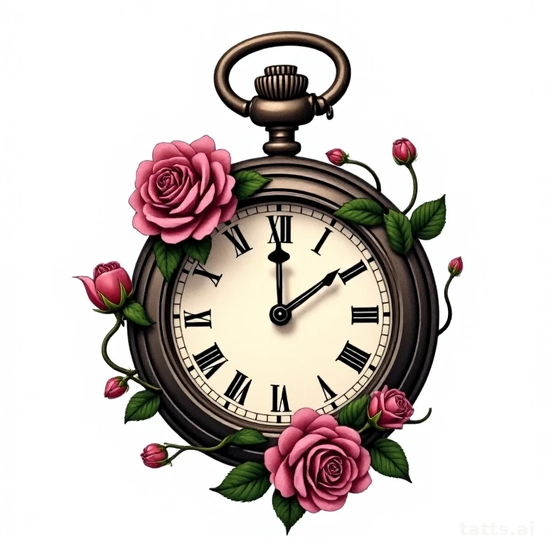 Tattoo design: Rose vine wrapping a pocket watch, neo-traditional composition, clean muted colo