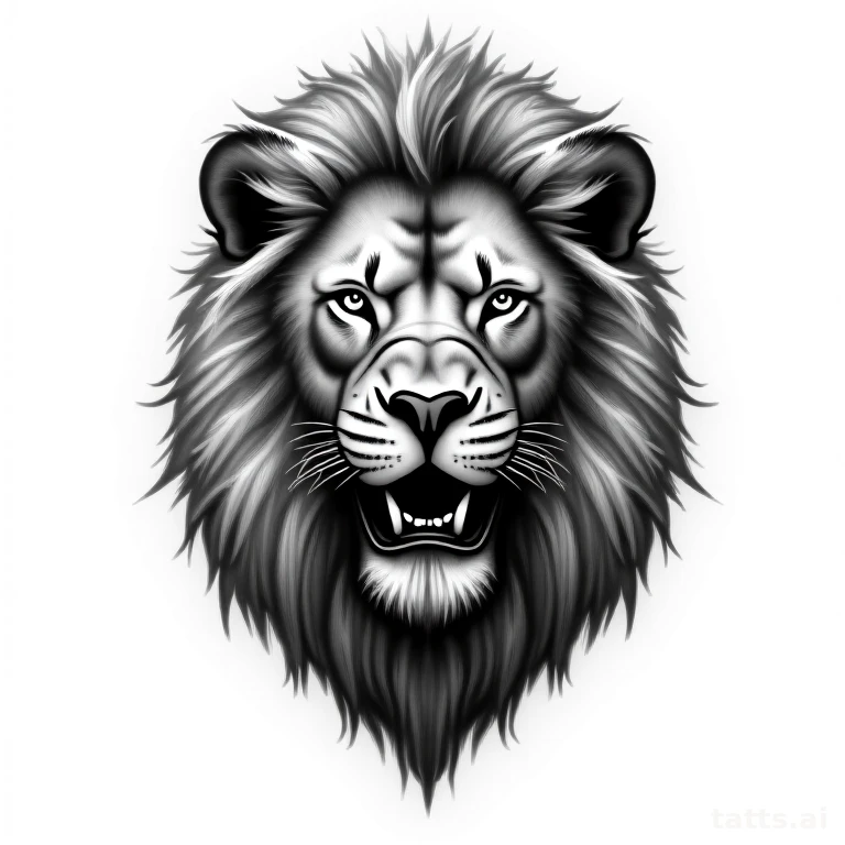 Tattoo design: lion head tattoo design, realism style, detailed black and grey shading, isolate