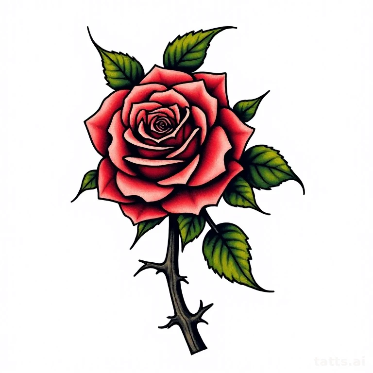 Tattoo design: rose cluster with thorned stem tattoo design, traditional style, bold black outl