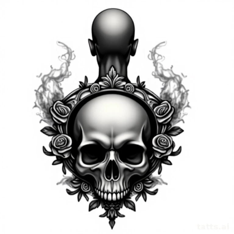 Tattoo design: large skull back tattoo design, ornate frame with roses and smoke, full back com