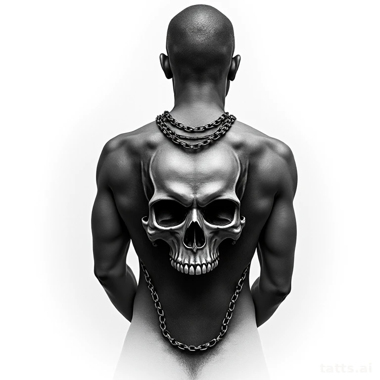 Tattoo design: skull and chains back tattoo design, dramatic realism shading, centered upper ba