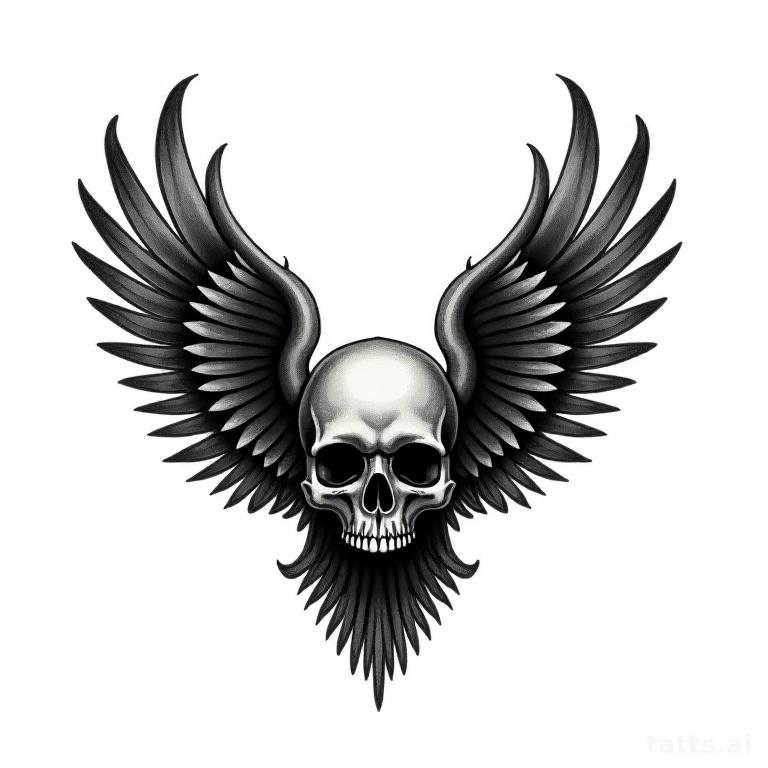 Tattoo design: skull with wings back tattoo design, symmetrical wide wingspan, bold outline sha
