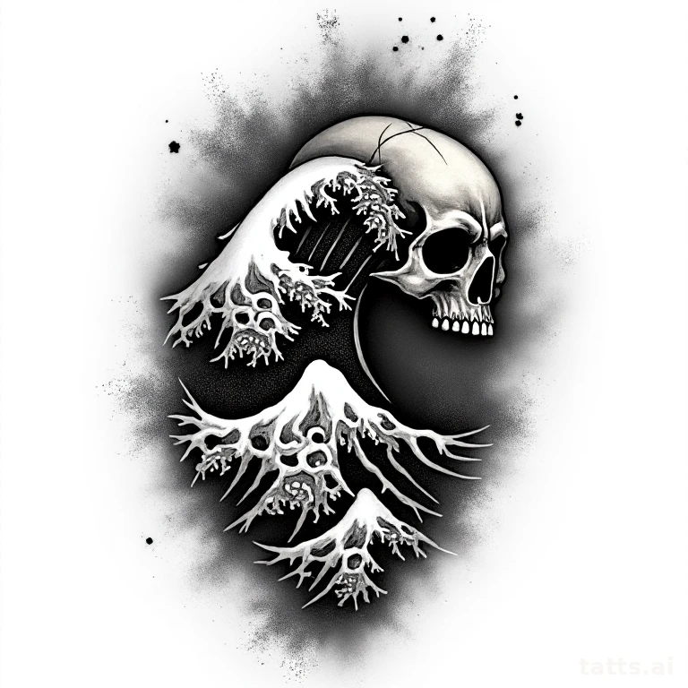 Tattoo design: Japanese style skull and wave back tattoo design, hybrid irezumi background, dra