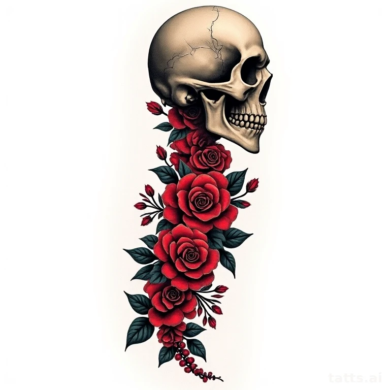 Tattoo design: skull and roses back tattoo design, full color neo-traditional, flowing composit