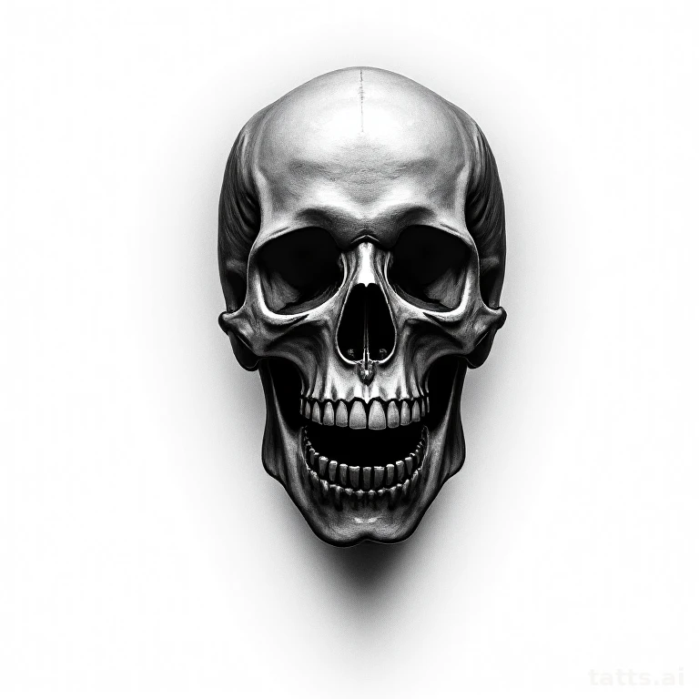 Tattoo design: realistic skull back tattoo design, hyper-detailed bone texture, deep shadow con
