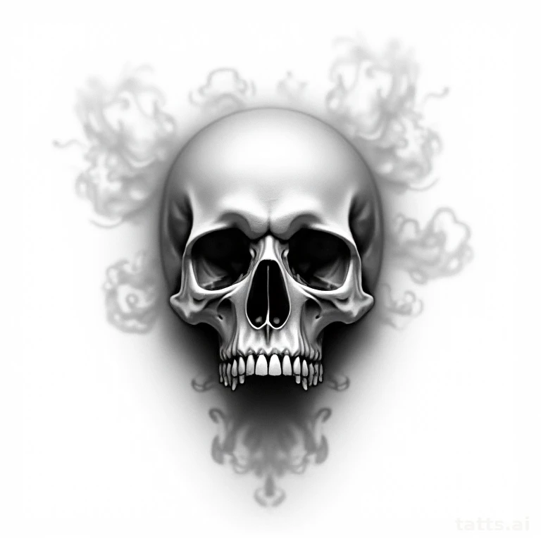 Tattoo design: skull and smoke back tattoo design, ethereal wisps rising, dramatic negative spa