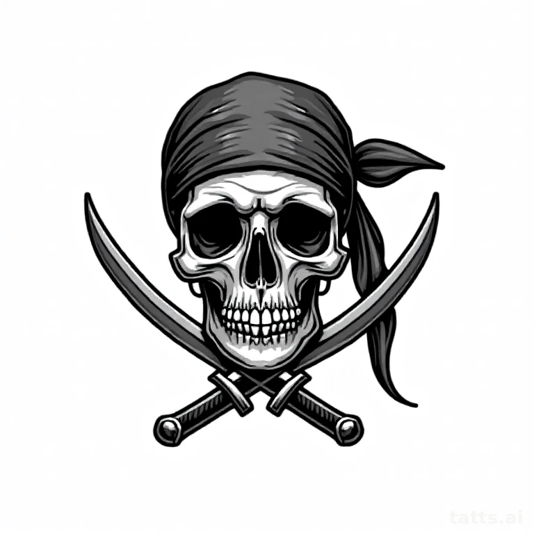 Tattoo design: American traditional skull with bandana and crossed daggers, bold black outline,
