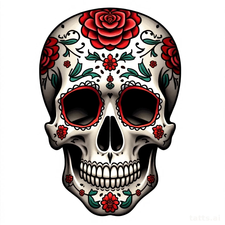 Tattoo design: Mexican sugar skull with ornate floral patterns and swirls, calavera style, clea
