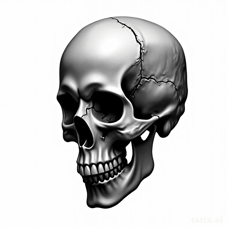 Tattoo design: Photorealistic human skull with cracked cheekbone, black and grey shading, clean