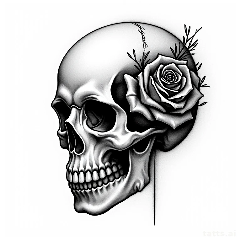 Tattoo design: Skull with rose blooming from eye socket, blackwork illustrative style, clean so