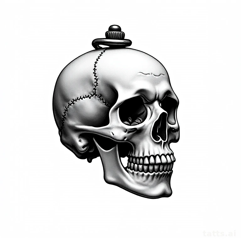 Tattoo design: Skull and pocket watch memento mori composition, fine-line engraving style, clea